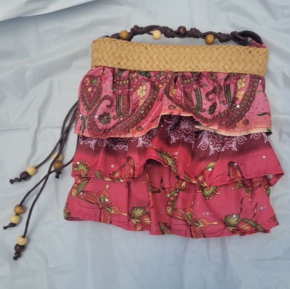 Cappelli Straworld Handbags - Cappelli Straworld Pink & Raffia Boho Ruffle Crossbody Purse